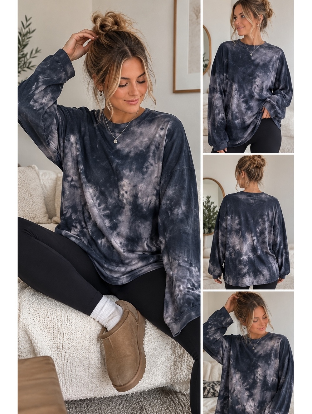 We The Free Be Free Tie Dye Long Sleeve Tee Size L Black Gray 100% Cotton